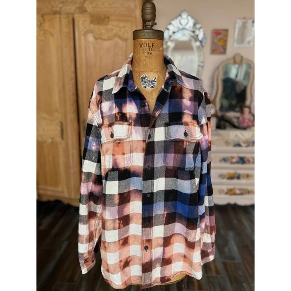 Distressed Upcycled Grunge Flannel Bleach Dye Jinx Patch Folk Art Shirt XL - Picture 5 of 7